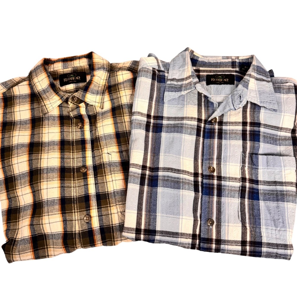 Lot Of 2 RedHead Plaid ButtonUp Shirt Short Sleeve Men L Blue/Tan Cotton Casual